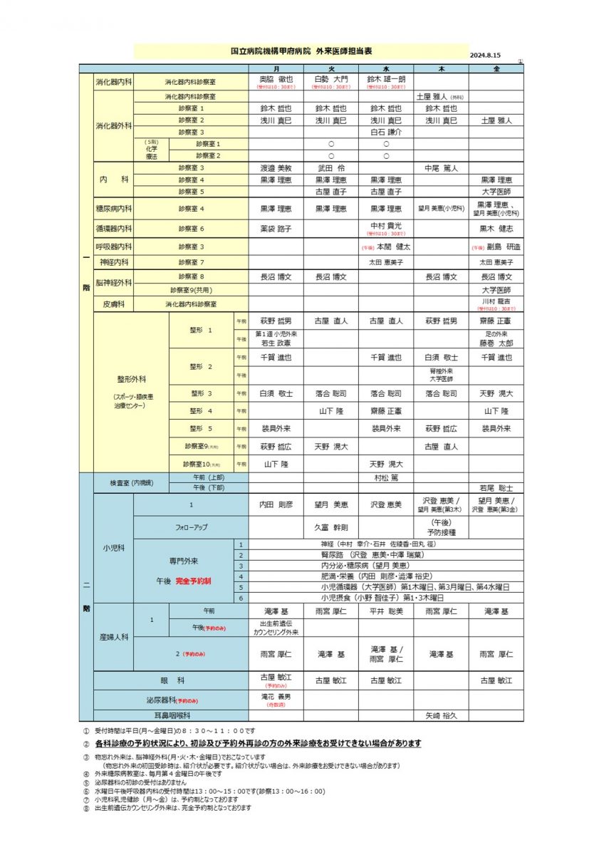 外来担当医表概要